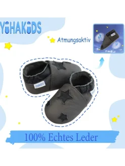 Grau Baby Leder Krabbelschuhe, mit rutschfester Sohle – Sternenmuster