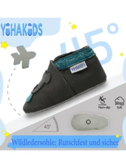Grau Baby Leder Krabbelschuhe, mit rutschfester Sohle – Bären-Muster