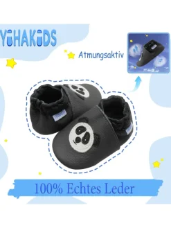 Grau Baby Leder Krabbelschuhe, mit rutschfester Sohle – Panda-Muster