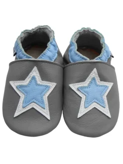 Graue Baby-Laufanfänger aus echtem Leder, rutschfeste Sohlen – Sternmuster