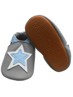 Graue Baby-Laufanfänger aus echtem Leder, rutschfeste Sohlen – Sternmuster