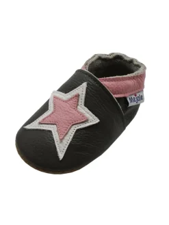 Graue Baby-Laufschuhe aus echtem Lede，rutschfester, weicher Sohle–Sternmuster