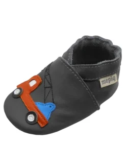 Graue Baby-Leder-Laufschuhe, komfortabel mit rutschfester Sohle - Lastwagenmotiv