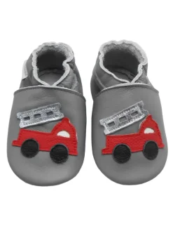 Graue Baby-Leder-Laufschuhe, komfortabel mit rutschfester Sohle - Lastwagenmotiv