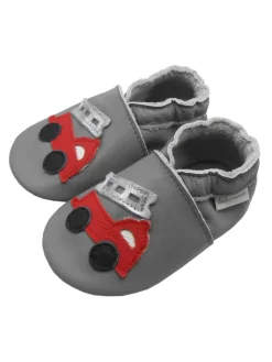 Graue Baby-Leder-Laufschuhe, komfortabel mit rutschfester Sohle - Lastwagenmotiv