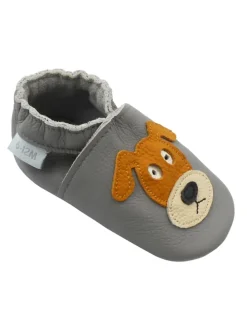 Graue Baby-Leder-Laufschuhe, komfortabel mit rutschfester Sohle - mit Hundemotiv