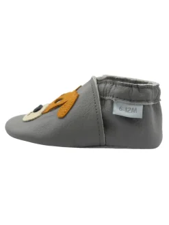 Graue Baby-Leder-Laufschuhe, komfortabel mit rutschfester Sohle - mit Hundemotiv
