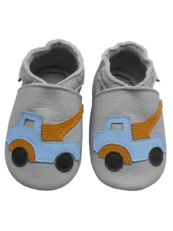 Graue Baby-Leder-Laufschuhe, komfortabel mit rutschfester Sohle - Lastwagenmotiv