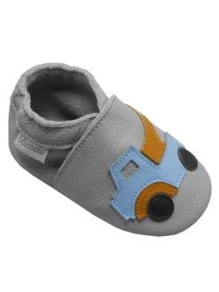 Graue Baby-Leder-Laufschuhe, komfortabel mit rutschfester Sohle - Lastwagenmotiv