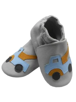 Graue Baby-Leder-Laufschuhe, komfortabel mit rutschfester Sohle - Lastwagenmotiv