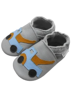 Graue Baby-Leder-Laufschuhe, komfortabel mit rutschfester Sohle - Lastwagenmotiv
