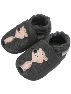 Graue Leder Krabbelschuhe für Babys mit rutschfester Sohle – Löwen-Muster