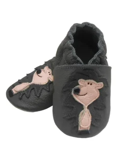 Graue Leder Krabbelschuhe für Babys mit rutschfester Sohle – Löwen-Muster