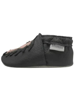 Graue Leder Krabbelschuhe für Babys mit rutschfester Sohle – Löwen-Muster