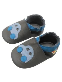 Graue Leder-Baby-Lauflernschuhe mit rutschfester Sohle – Blaue Auto-Muster
