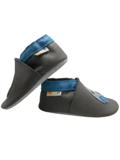 Graue Leder-Baby-Lauflernschuhe mit rutschfester Sohle – Blaue Auto-Muster
