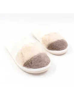 Hausschuhe in Khaki/ Weiß/ Beige