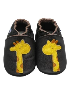 Hellbraune Baby-Leder-Laufanfänger mit rutschfester Sohle – Giraffenmuster