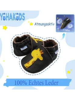 Hellbraune Baby-Leder-Laufanfänger mit rutschfester Sohle – Giraffenmuster