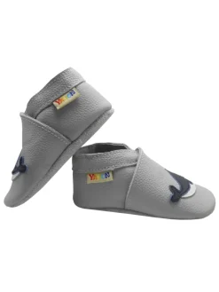 Hellgraue Krabbelschuhe aus Leder mit rutschfester Sohle – Wal-Muster