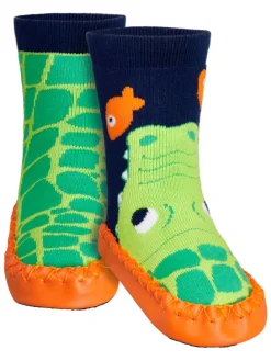 Hüttenschuh Krokodil in Marine/Grün