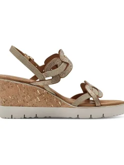 Keilsandaletten in Hellbraun/ Gold