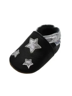Leather baby crawling shoes with star patterns, non-slip sole, black