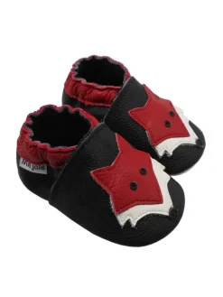 Leder Babyschuhe mit rotem Fuchsmuster, rutschfeste Sohle, schwarz