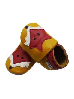 Leder Babyschuhe mit rotem Fuchsmuster, rutschfeste Sohle, sandfarben