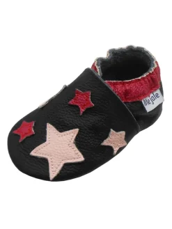 Leder Babyschuhe mit Sternenmuster, rutschfeste harte Sohle - schwarz