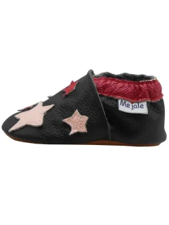 Leder Babyschuhe mit Sternenmuster, rutschfeste harte Sohle - schwarz
