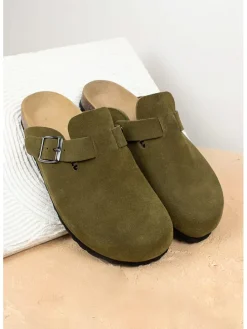 Leder-Clogs in Khaki