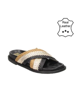 Leder-Hausschuhe in Beige/ Schwarz