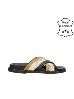 Leder-Hausschuhe in Beige/ Schwarz