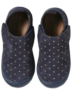 Leder-Hausschuhe in Dunkelblau/ Gold