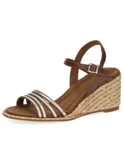 Leder-Keilsandaletten in Braun/ Gold