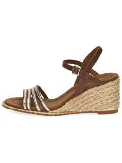 Leder-Keilsandaletten in Braun/ Gold