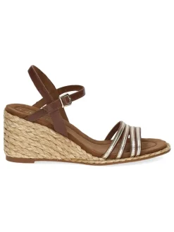 Leder-Keilsandaletten in Braun/ Gold