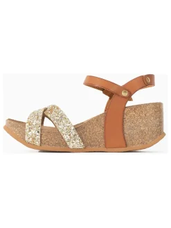 Leder-Keilsandaletten in Camel/ Gold