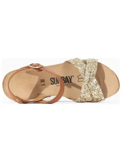 Leder-Keilsandaletten in Camel/ Gold