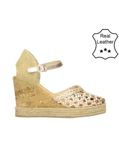 Leder-Keil-Slingpumps in Beige