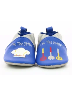 Leder-Krabbelschuhe "I am the Chef" in Blau/ Grau
