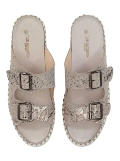 Leder-Pantoletten in Beige/ Gold