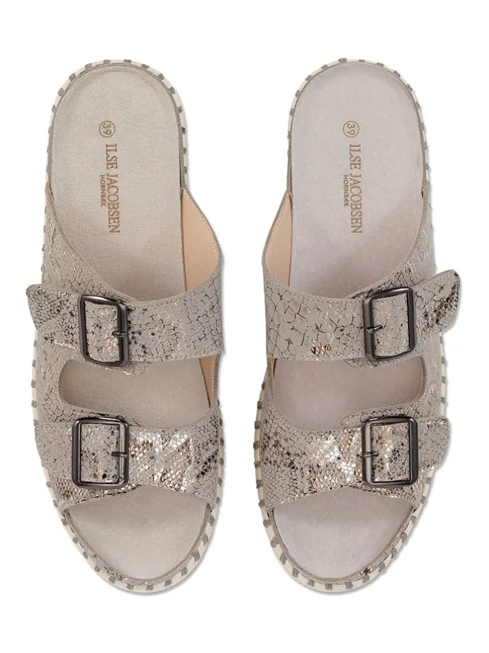 Leder-Pantoletten in Beige/ Gold