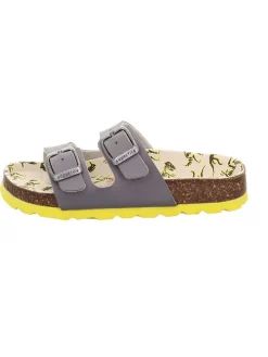 Leder-Pantoletten in Grau/ Gelb