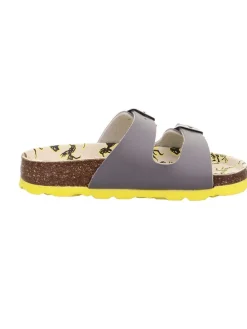 Leder-Pantoletten in Grau/ Gelb