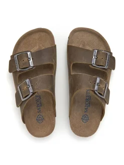 Leder-Pantoletten in Khaki