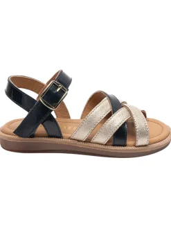 Leder-Sandalen in Gold/ Dunkelblau
