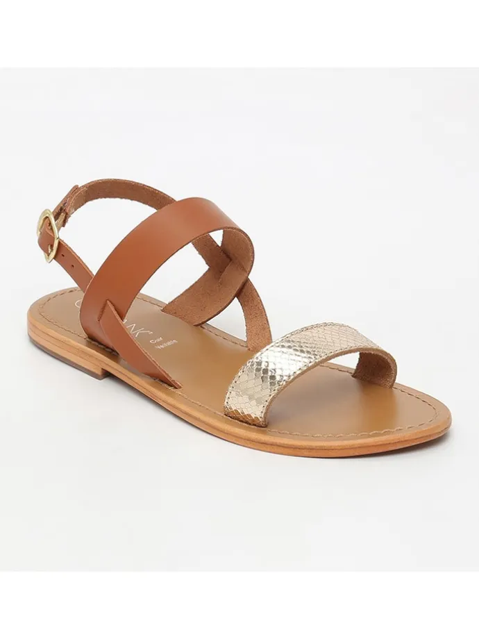 Leder-Sandalen in Hellbraun/ Gold