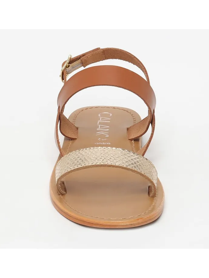 Leder-Sandalen in Hellbraun/ Gold